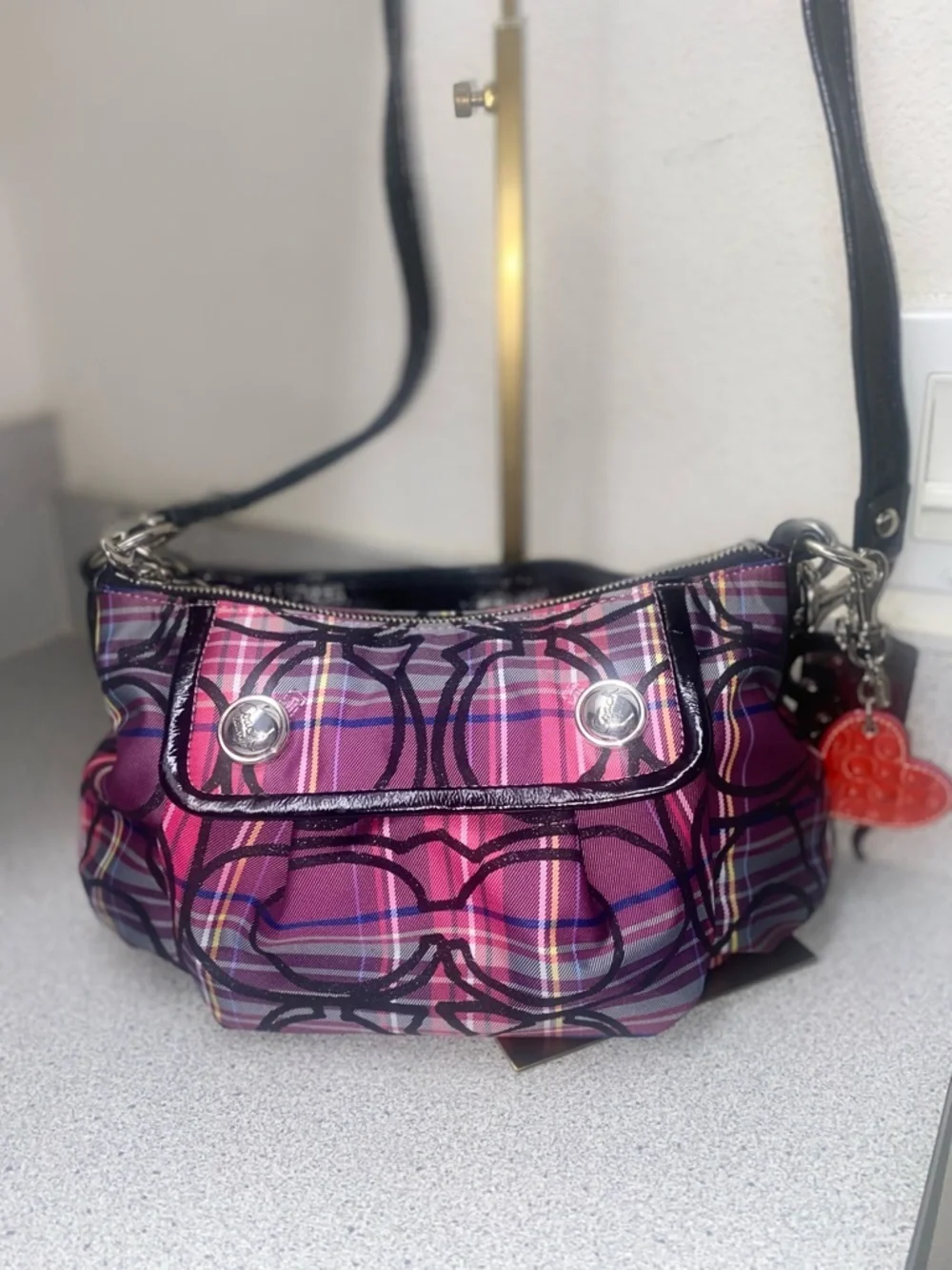 Coach Poppy Pink/Purple/Black Tartan Groovy Shoulder/Crossbody Bag EUC